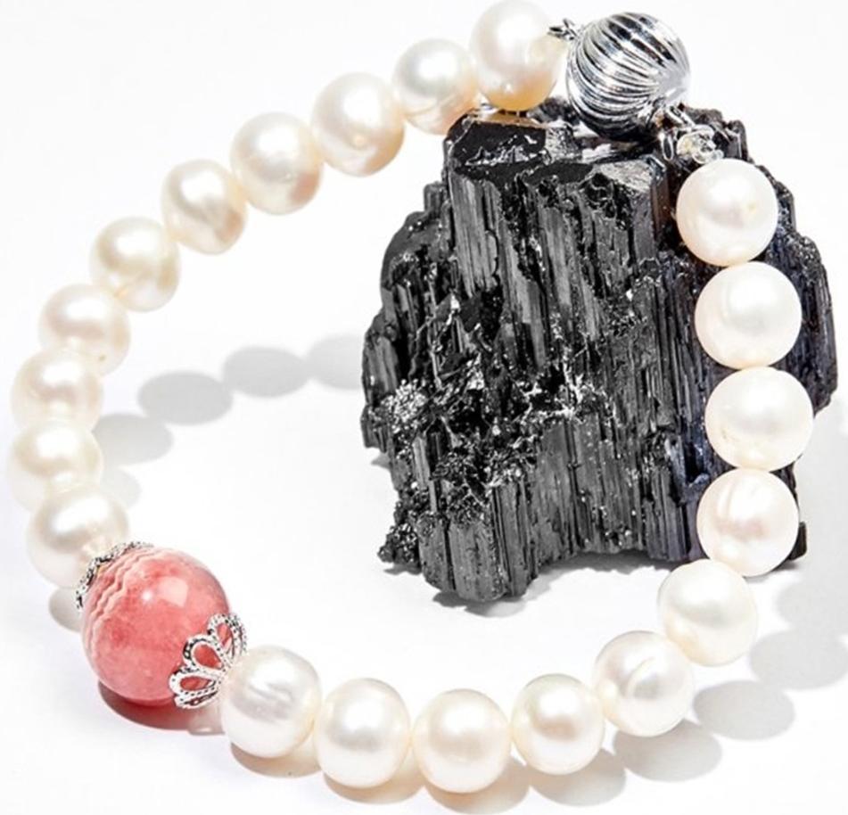Vòng Tay Ngọc Trai Trắng Đá Đào Hoa Rhodochrosite Tự Nhiên 8MM