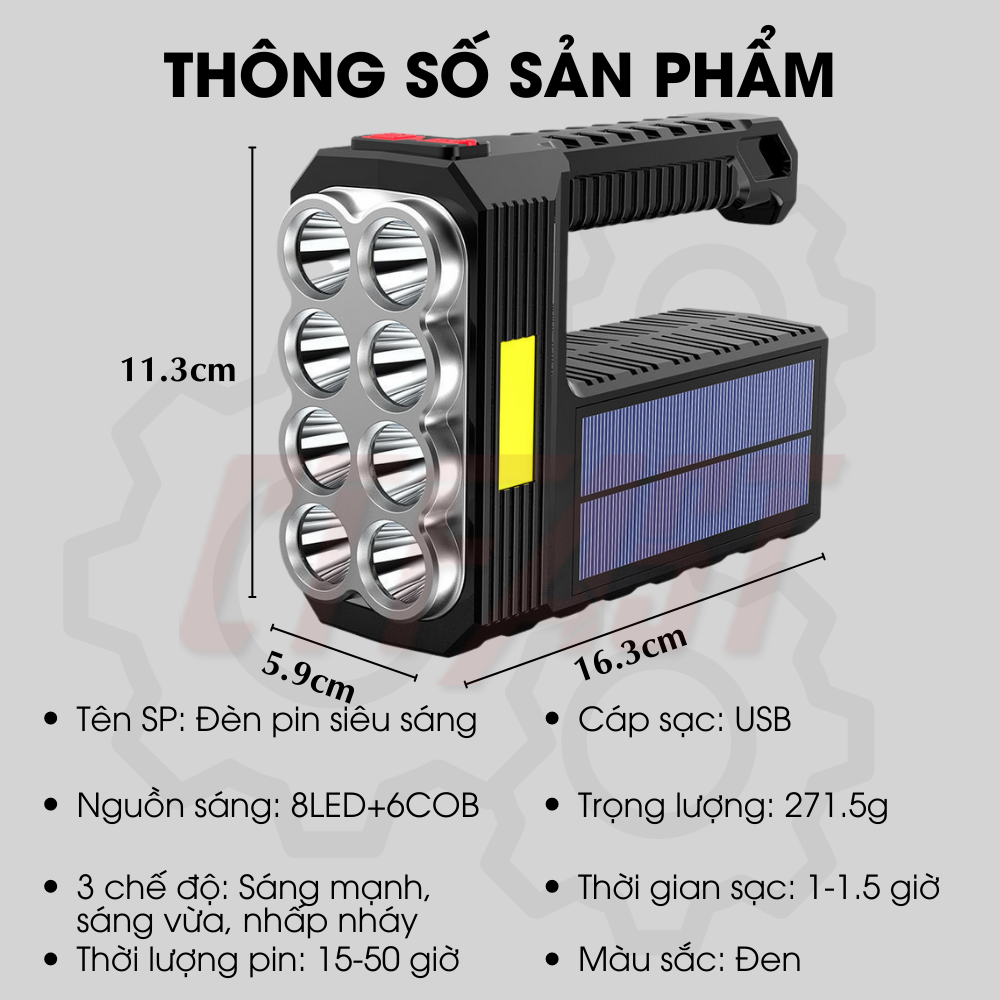 Đèn Pin Cầm Tay Siêu Sáng 4 Chế Độ Chống Thấm Nước, Cổng Sạc USB Kết Hợp Năng Lượng Mặt Trời - Hàng Chính Hãng