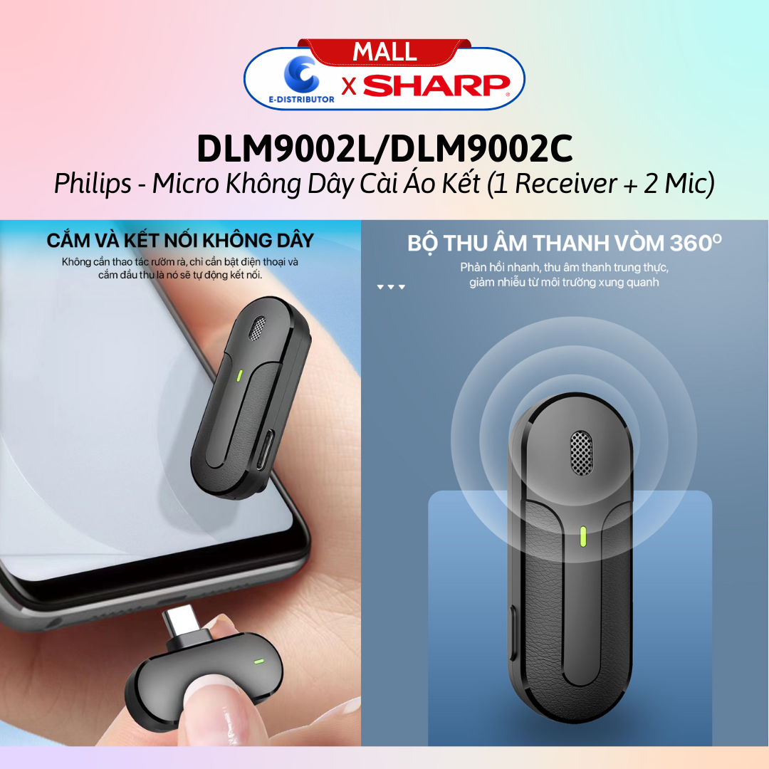 Micro không dây cài áo Philips kết nối cổng Lighting DLM9002L / cổng USB-C DLM9002C (1Receiver + 2Mic) - Hàng Chính Hãng