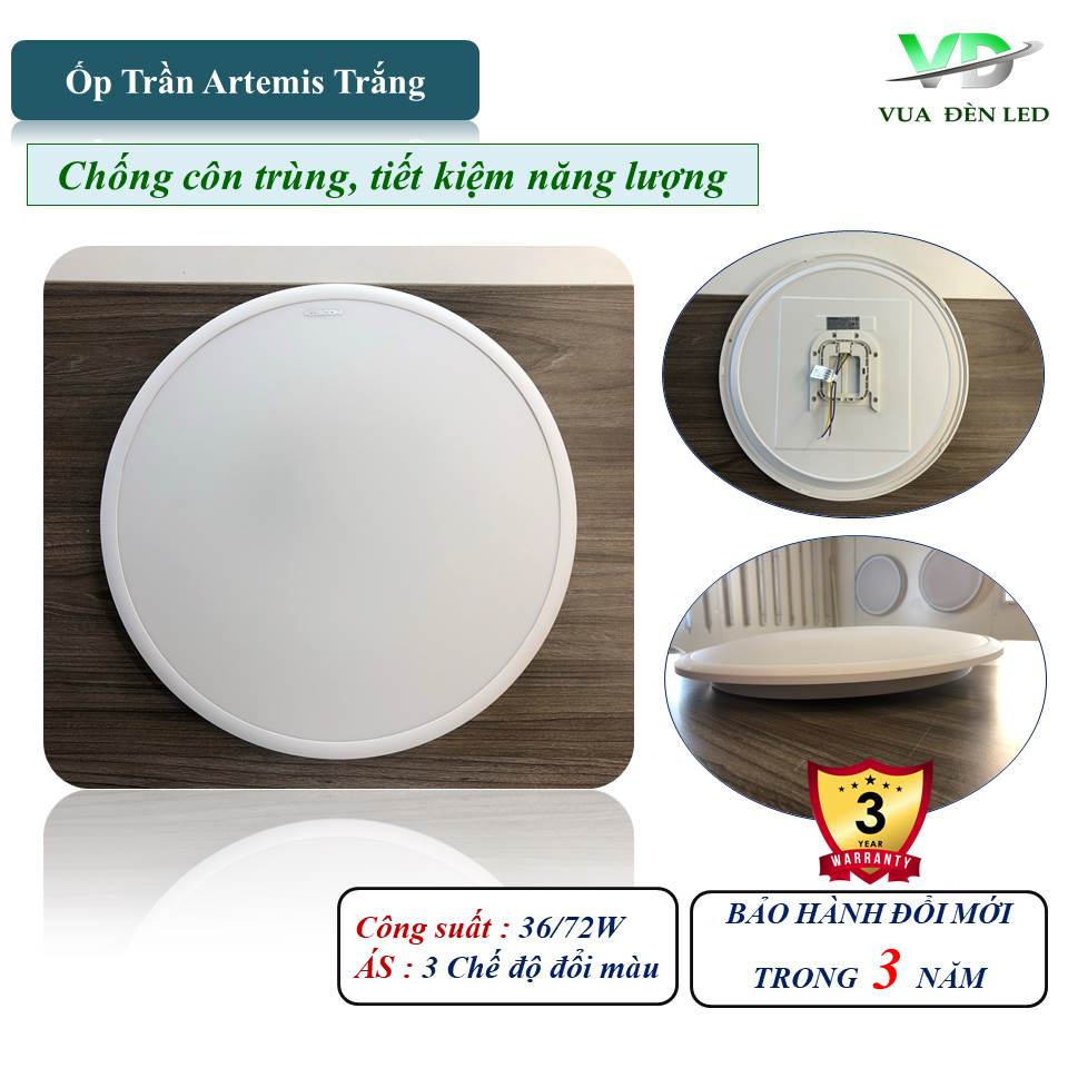 Đèn ốp trần Artemis Kosoom viền trắng/bạc công suất 36/72W ánh sáng đổi màu size lớn chống côn trùng