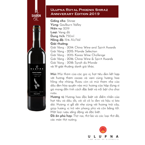 Rượu vang đỏ Ulupna Royal Phoenix Anniversary Shiraz 2019 750ml 15% Alc