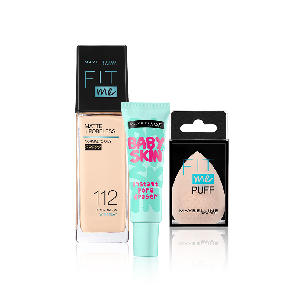 Bộ Trang Điểm Kem nền kiềm dầu chống nắng Fit Me, kem lót mịn da Baby Skin &amp; mút tán nền cao cấp Maybelline New York - 112 NATURAL IVORY