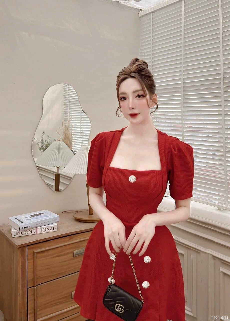 Đầm xốp cổ vuông đính nút sang trọng đầm dự tiệc đơn giản