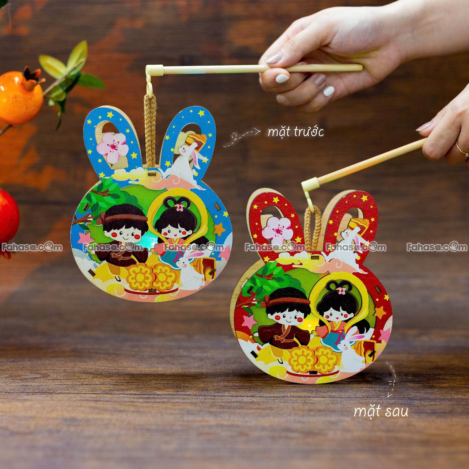 Lồng Đèn Trung Thu Gỗ 2 Mặt Màu - Bách Mộc - Thỏ Bánh