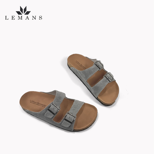 Dép Da Nubuck xám Đế Trấu Quai Ngang LEMANS May Sandals - Grey. Đế 2.5cm Quai điều chỉnh Da bò cao cấp. Bảo hành 6 tháng
