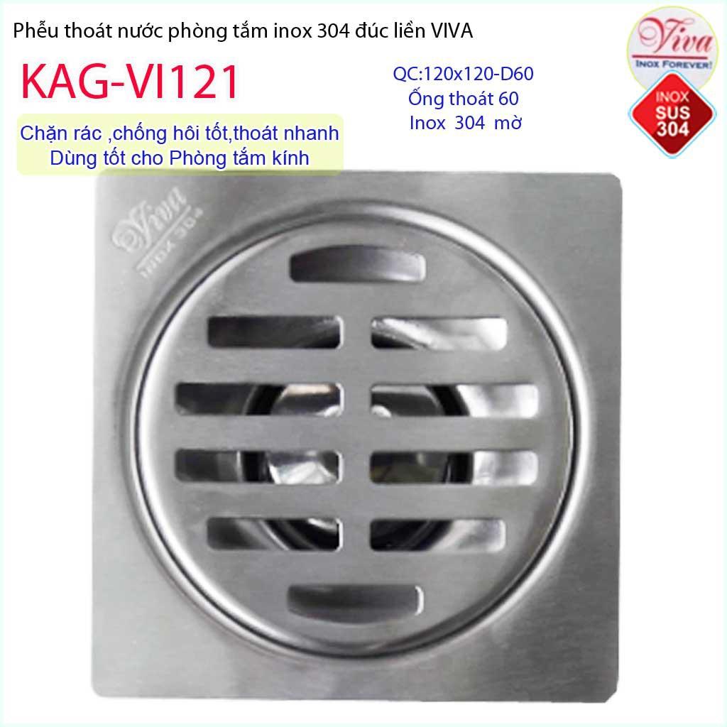 Phễu thoát sàn Viva 12x12 cm KAG-VI121 ống thoát 60mm chống mùi hôi inox 304, thoát sàn inox đúc dày thoát nước nhanh ch