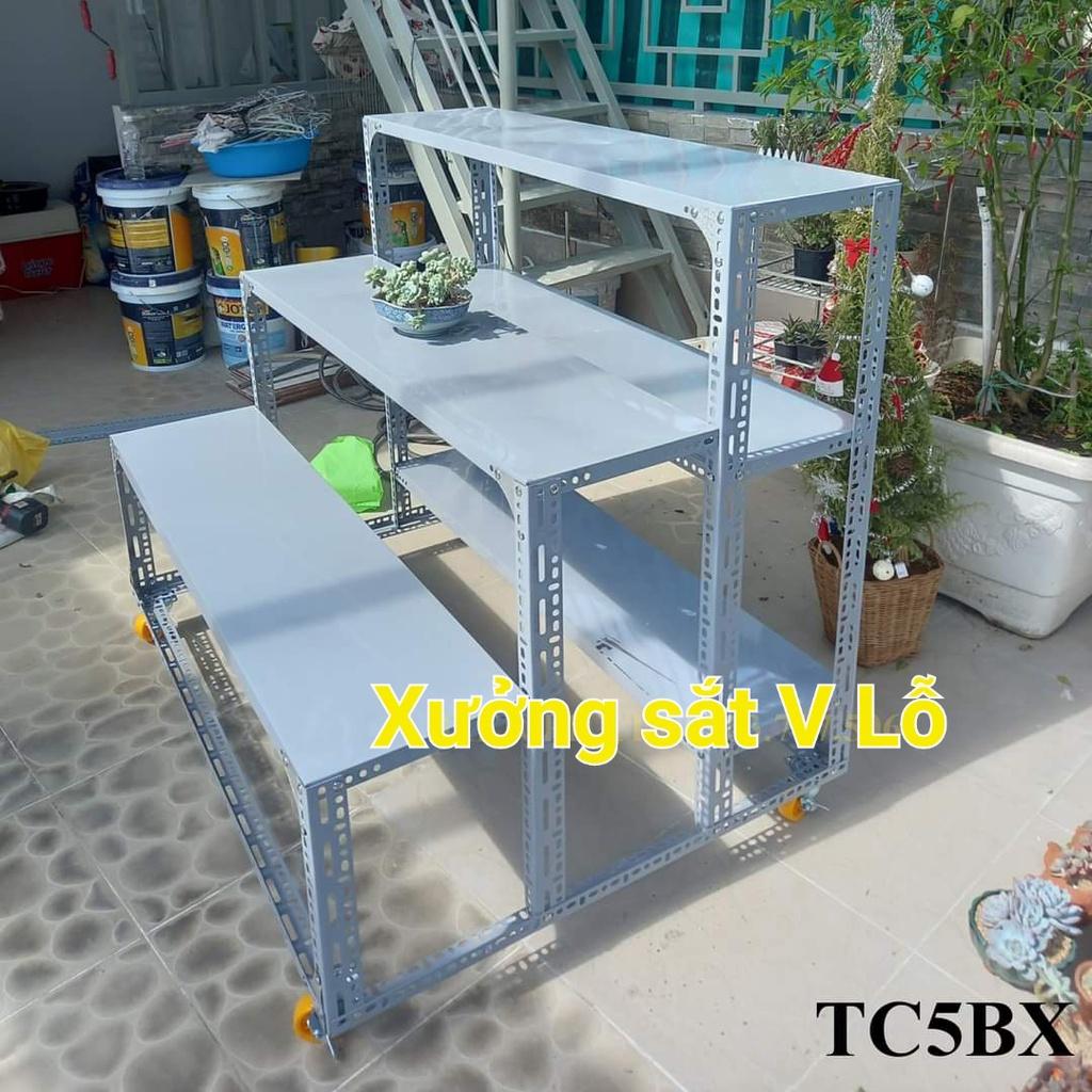 Kệ Sắt V Lỗ 3 Bậc 5 Tầng Mâm CÓ BÁNH XE Kệ sắt đa năng dùng khung sắt V3 và V4,