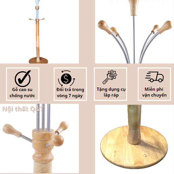 Cây treo tay nhôm-cây treo đồ tiện dụng-giá treo đồ bằng gỗ cao su thiên nhiên an toàn cứng cáp