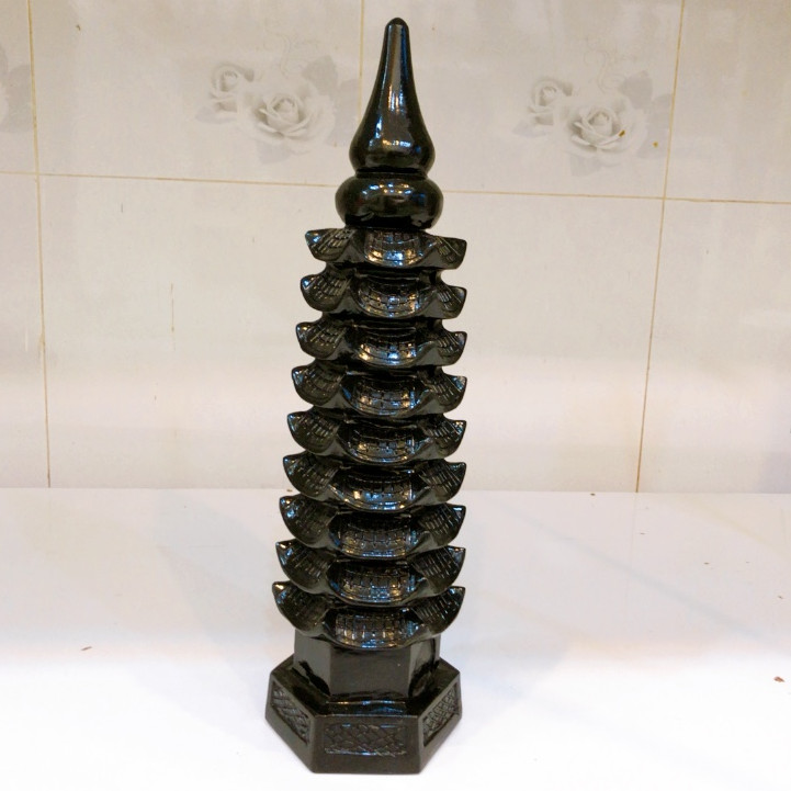 Tháp văn xương đen 9 tầng đá tự nhiên canxite cao 35 cm đường kính 11cm