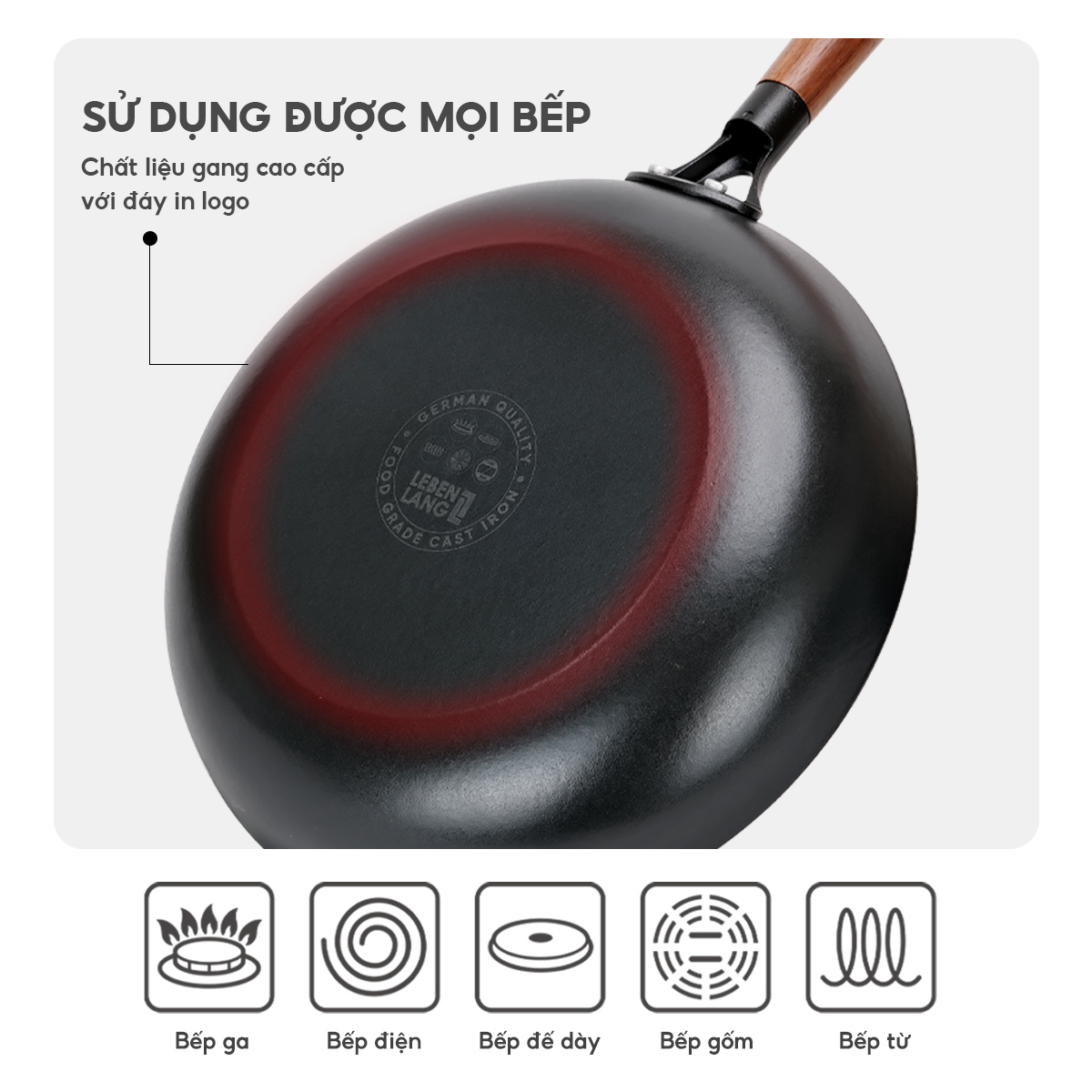 Chảo gang chống dính Lebenlang LBL2521 và LBL2522, size 24, 28, tay cầm gỗ dùng mọi loại bếp - hàng chính hãng