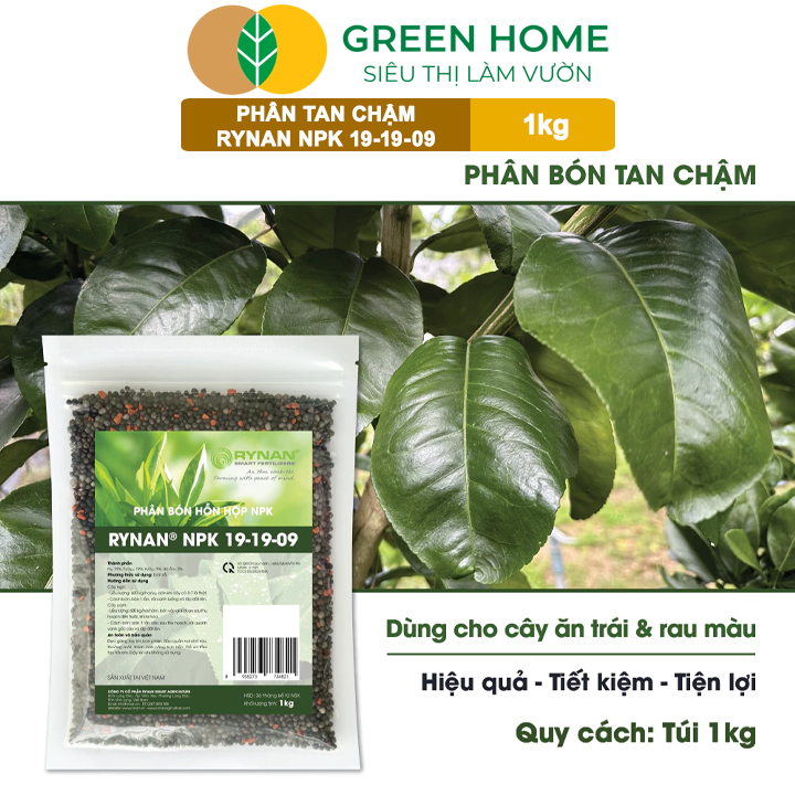 Phân Tan Chậm GreenHome, Rynan NPK 19-19-09, Túi 1kg, Giúp Cây Ăn Trái Phát Triển Mạnh, Chất Lượng