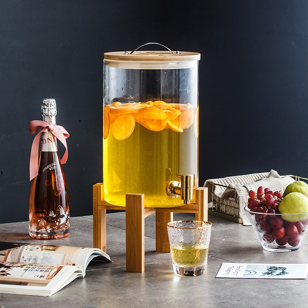 BÌNH THỦY TINH ĐẾ GỖ ĐỰNG NƯỚC HOA QUẢ 11L