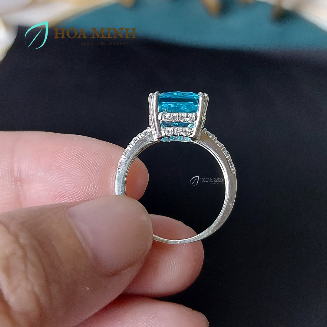 Nhẫn bạc cao cấp đính đá Nam Phi xanh aqua size chữ nhật lớn 9x11 li trang sức cao cấp, sang trọng