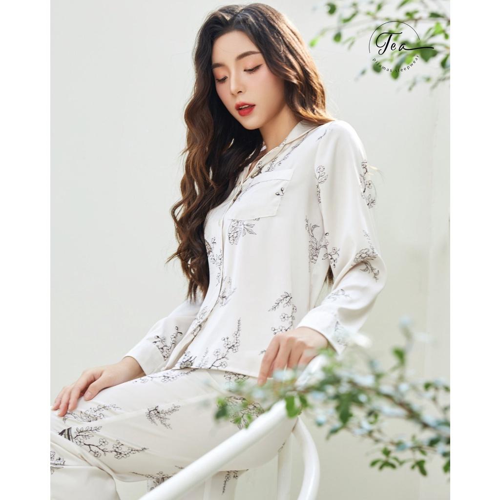 Bộ mặc nhà pyjama lụa cao cấp Tea Store tay dài quần dài họa tiết chim sẻ hai màu sang trọng