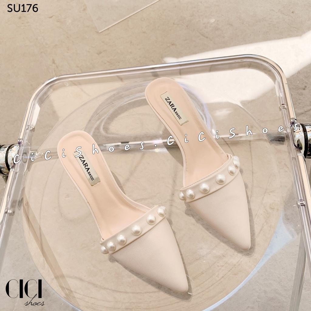 Giày cao gót nữ CiCi Shoes 5cm gót nhọn, dép sục mũi nhọn đính đai ngọc - SU176