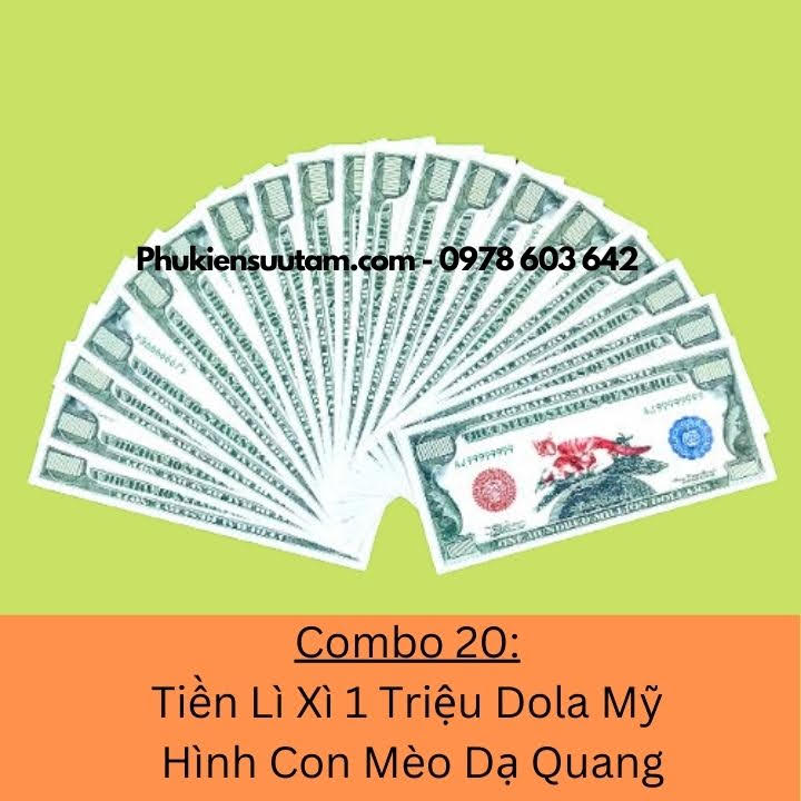 Combo 20 Tờ Lì Xì 1 Triệu Dola Mỹ Hình Con Mèo Dạ Quang, kích thước: 15.5cmx6.5cm, màu đỏ - SP005948