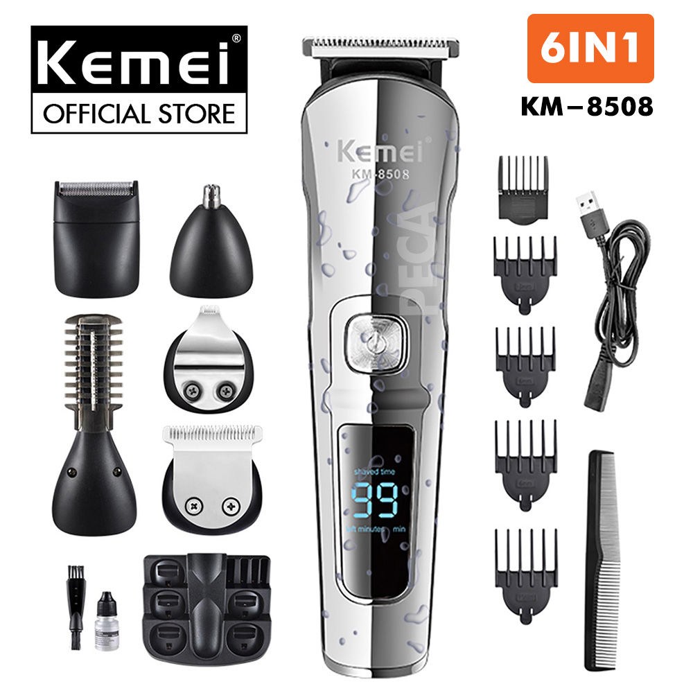 Tông đơ cắt tóc đa năng 11in1 Kemei KM-8508 nhiều đầu thay thế dùng cắt tóc, chấn viền, cạo râu, cạo lông, tỉa lông mũi, cạo chân mày,...có màn hình LED hiển thị điều chỉnh 2 mức tốc độ sạc nhanh 2h