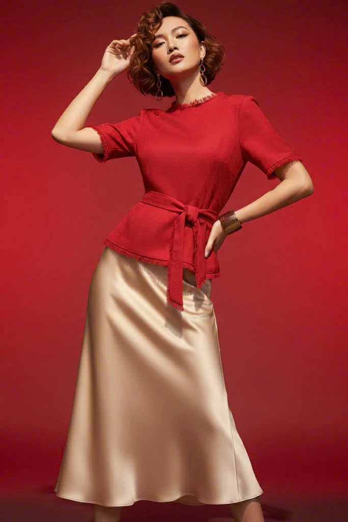 Áo Thắt Eo Peplum Tweed Đỏ Thanh Minh thời trang thiết kế Hity Top213Red