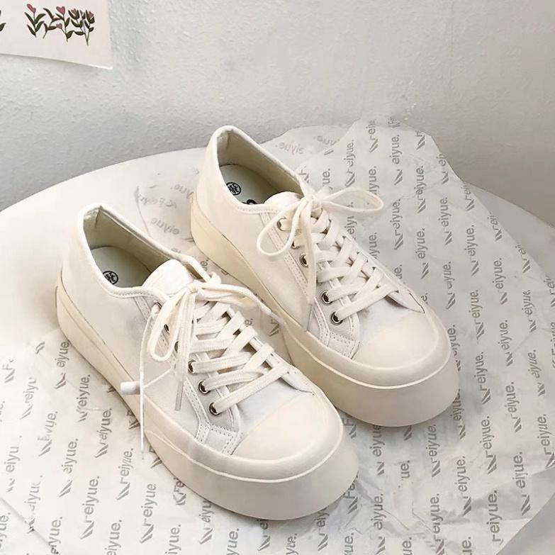 Giày thể thao nữ độn đế trơn có 2 màu đen &amp; kem vải canvas dáng basic phong cách retro ulzzang hàn quốc hot 2021