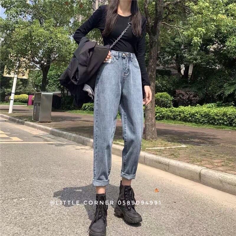 Quần Jean Lưng Chun 2 Nút Baggy Nữ Ống Suông Lưng Cao Quảng Châu