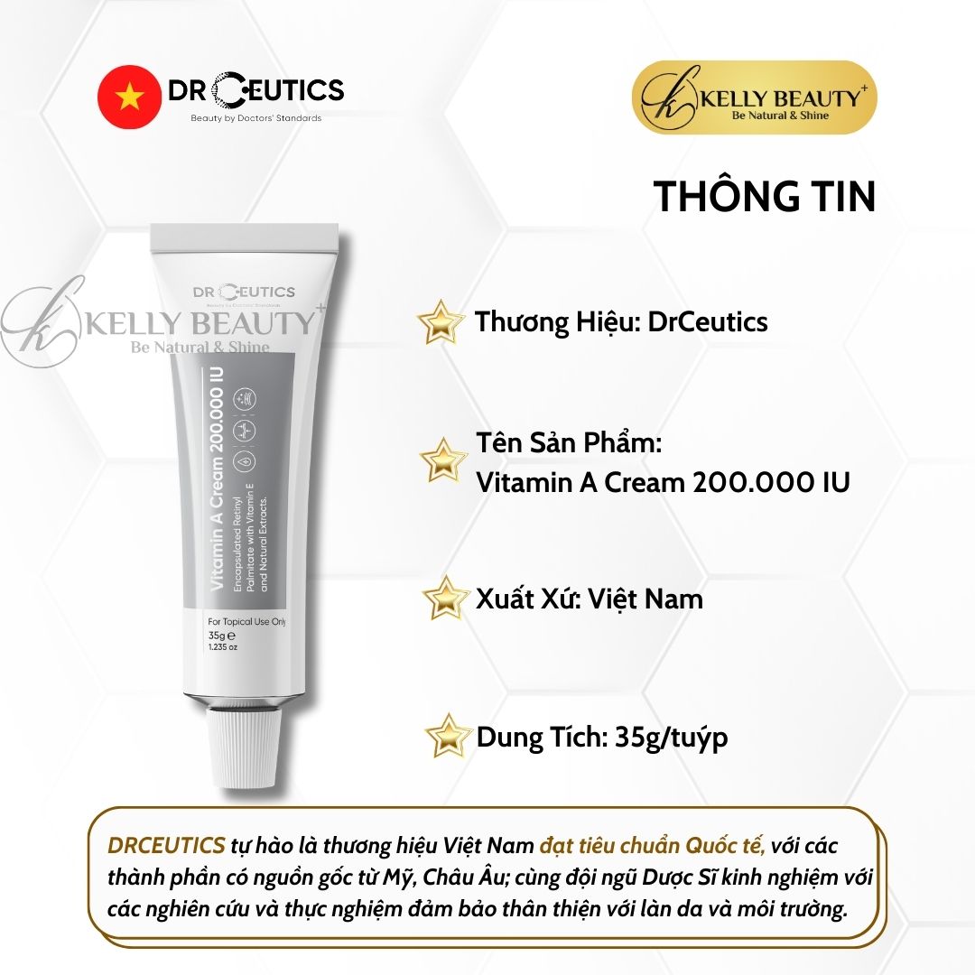 Kem Dưỡng Vitamin A Cream 200.000 IU DrCeutics - Mờ Nếp Nhăn, Căng Mịn; Sáng Da, Mờ Thâm Nám | Kelly Beauty