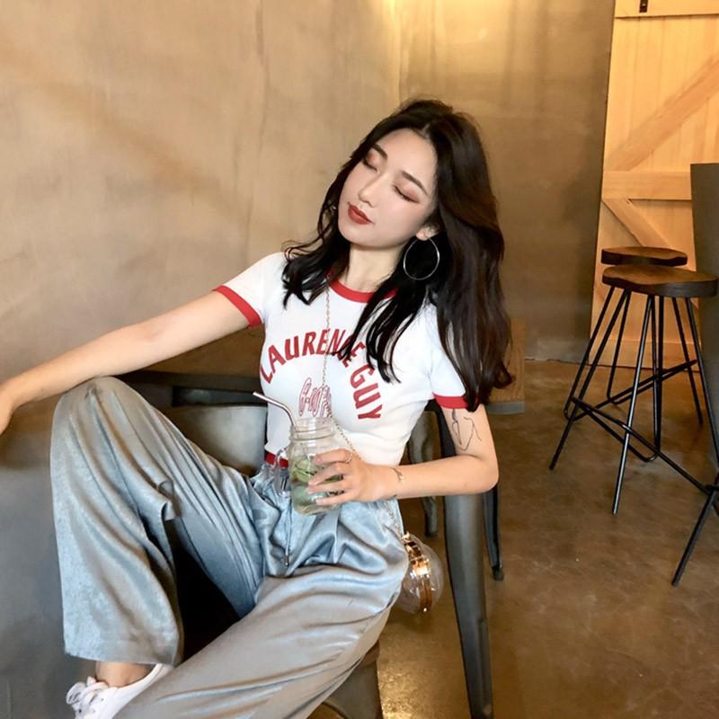 Áo thun nữ ngắn tay dáng ôm in chữ phong cách Hàn Quốc