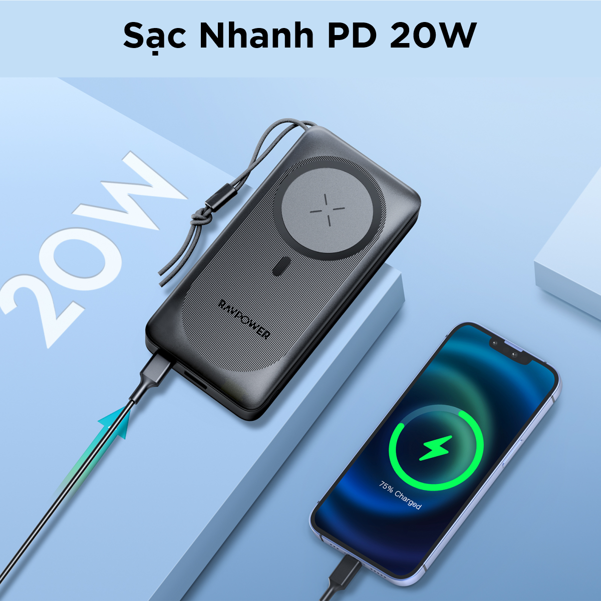 Pin Sạc Dự Phòng 20000mAh RAVPower RP-PB1214 Sạc Nhanh 20W, Sạc Không Dây Nam Châm Tối Đa 15W, Tương Thích Mag.Safe iPhone - Hàng Chính Hãng