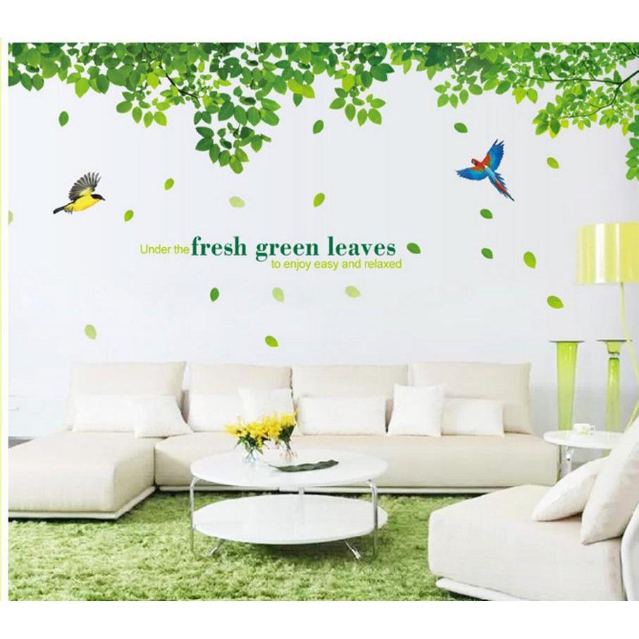 Decal dán tường cho bé cảnh khu vườn lá xanh cùng các loài chim