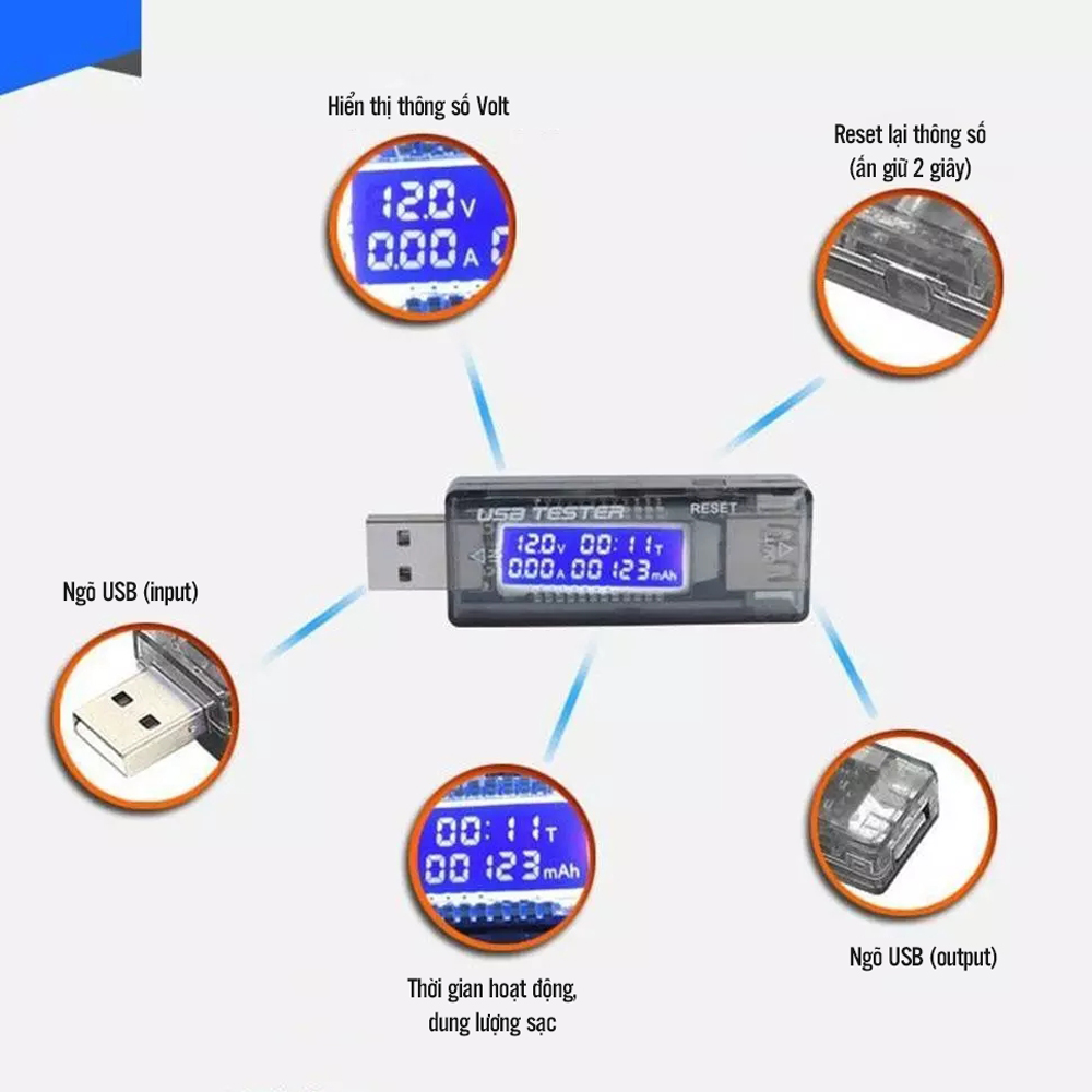 Đồng Hồ Đo Dòng Điện, Điện Áp Trên Cổng USB Tester Khi Sạc Cho Điện Thoại/ Máy Tính Bảng Với Màn Hình Hiển Thị Kỹ Thuật Số Hỗ Trợ QC 2.0 4-20V Mai Lee - Hàng Nhập Khẩu