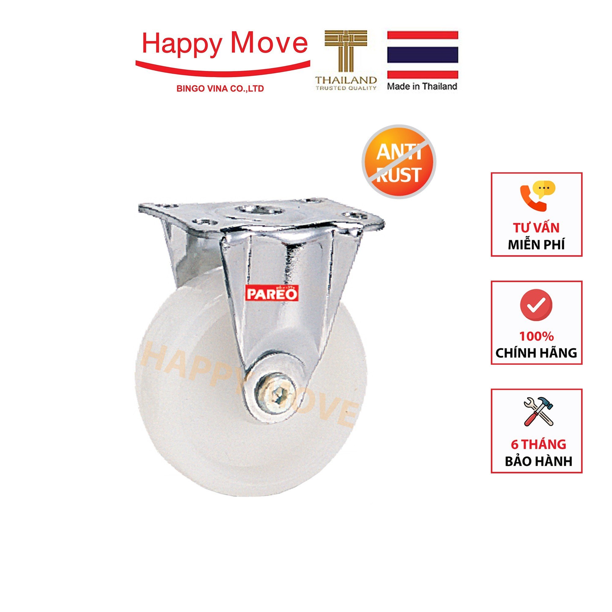 Bánh xe nylon tải nhẹ inox 304 càng cố định 50-65-75mm - Happy Move Thái Lan