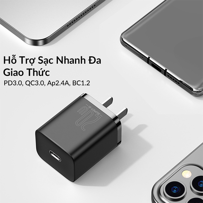 Adapter Cóc củ sạc type c sạc nhanh 20W chuẩn PD 3.0 Type-C hiệu Baseus Super Si trang bị chip sạc thông minh cho iPhone 12 / iPad Pro 2020 / Samsung / Oppo / Huawei / Vivo (phiên bản đầu cắm US-UK) - Hàng nhập khẩu