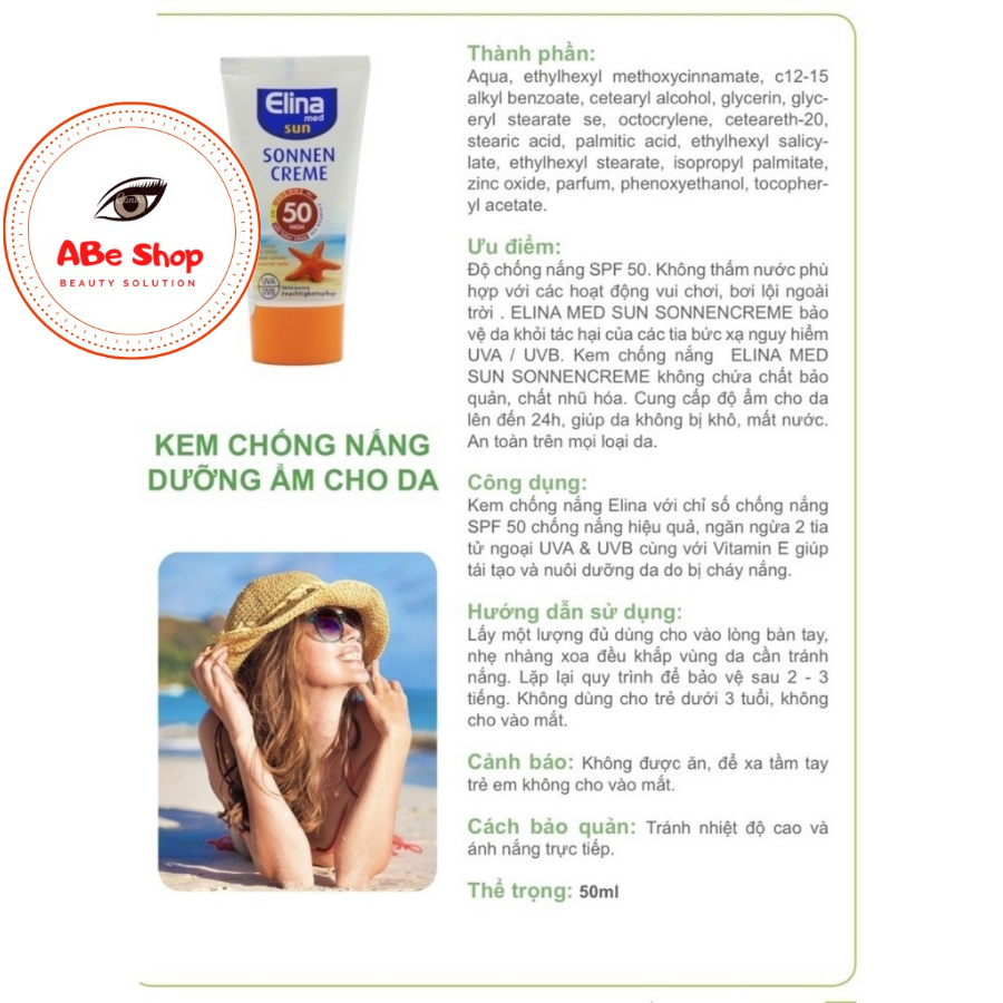 KEM CHỐNG NẮNG ELINA MED SUN SONNEN CRÈME SPF 50 - CHỐNG CẢ BẦU TRỜI 50ml