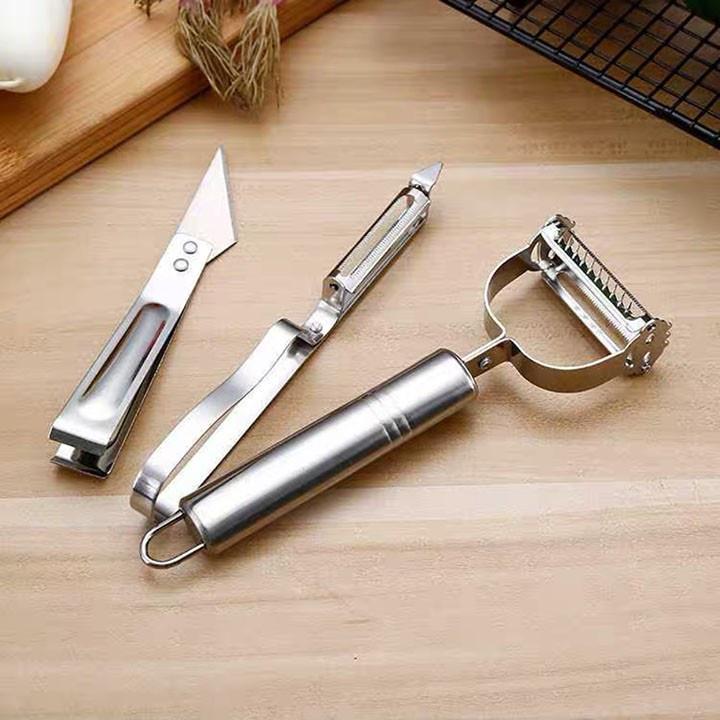 Set 3 Dao Nạo Củ Quả Dao Gọt Hoa Quả + Dao Tỉa Inox kiêm dao Nhổ Lông Gà Đa Năng