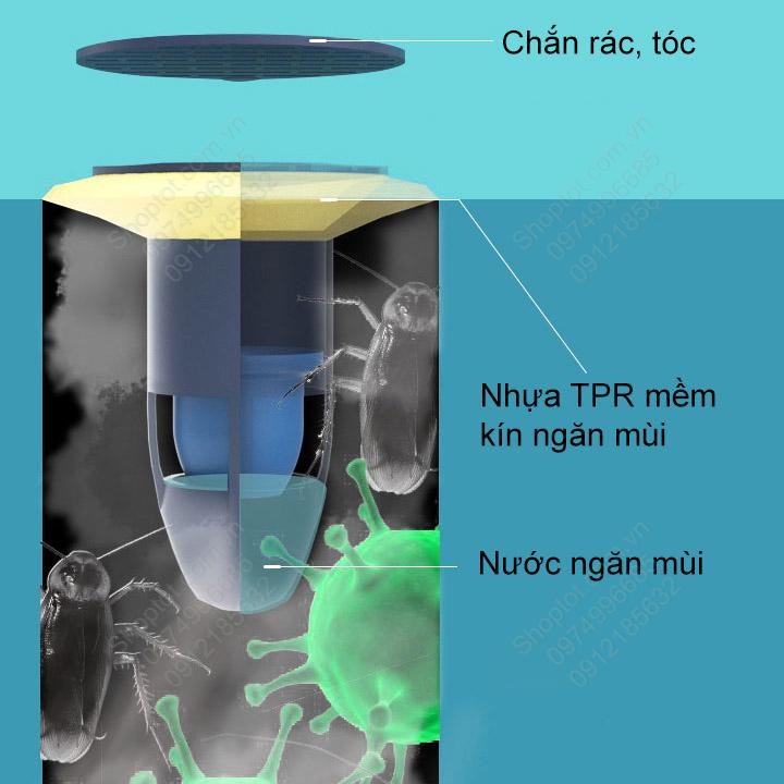 Lõi thoát sàn ngăn mùi làm bằng cao su TPR, nhựa ABS siêu bền, có miếng chắn tóc, chắn rác hiệu quả