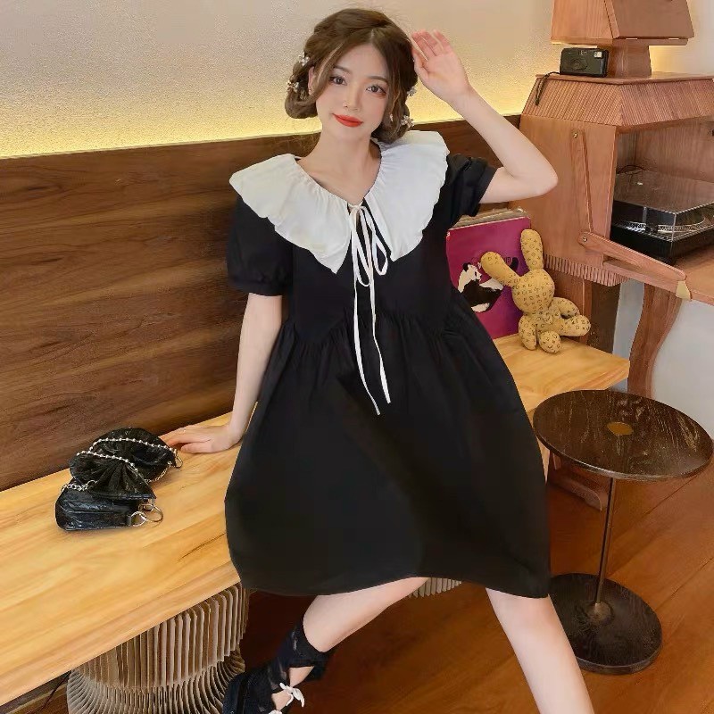 Váy babydoll phối cổ trắng, đầm bầu dáng dài, Đầm xòe ulzzang cổ bèo tiểu thư