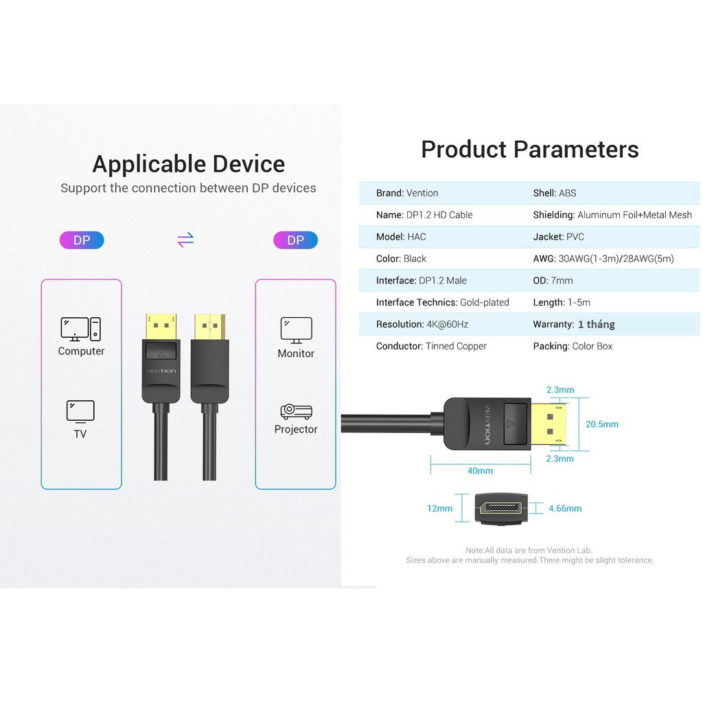 [ DP to DP ] Cáp truyền tín hiệu 2 đầu Display Port - DP hỗ trợ 4K Vention HACBF - hàng chính hãng