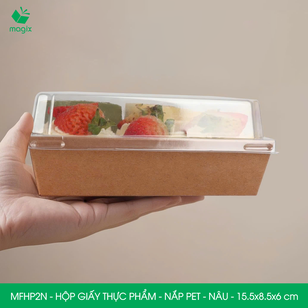 MFHP2N - 15.5x8.5x6 cm - 100 hộp giấy kraft thực phẩm màu nâu nắp Pet, hộp giấy chữ nhật đựng thức ăn, hộp bánh nắp trong