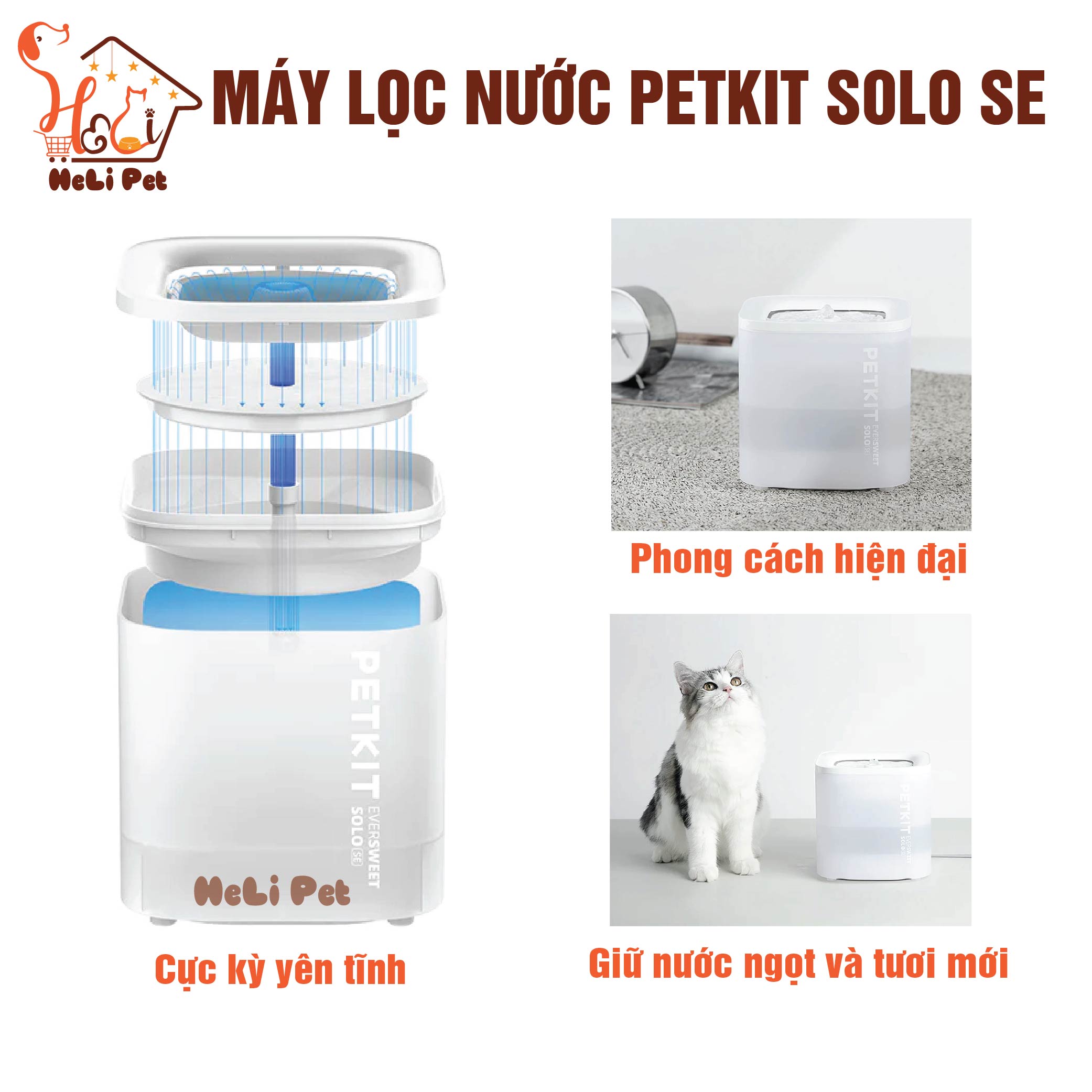 Máy Lọc Nước Cho Mèo Thông Minh, Bơm Không Dây Petkit EVERSWEET SOLO SE - BH 12 Tháng 1 Đổi 1 - HeLiPet