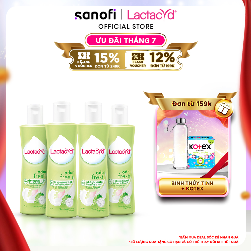 Bộ 4 chai Dung Dịch Vệ Sinh Phụ Nữ Lactacyd Odor Fresh Ngăn Mùi 24H 250ml/chai