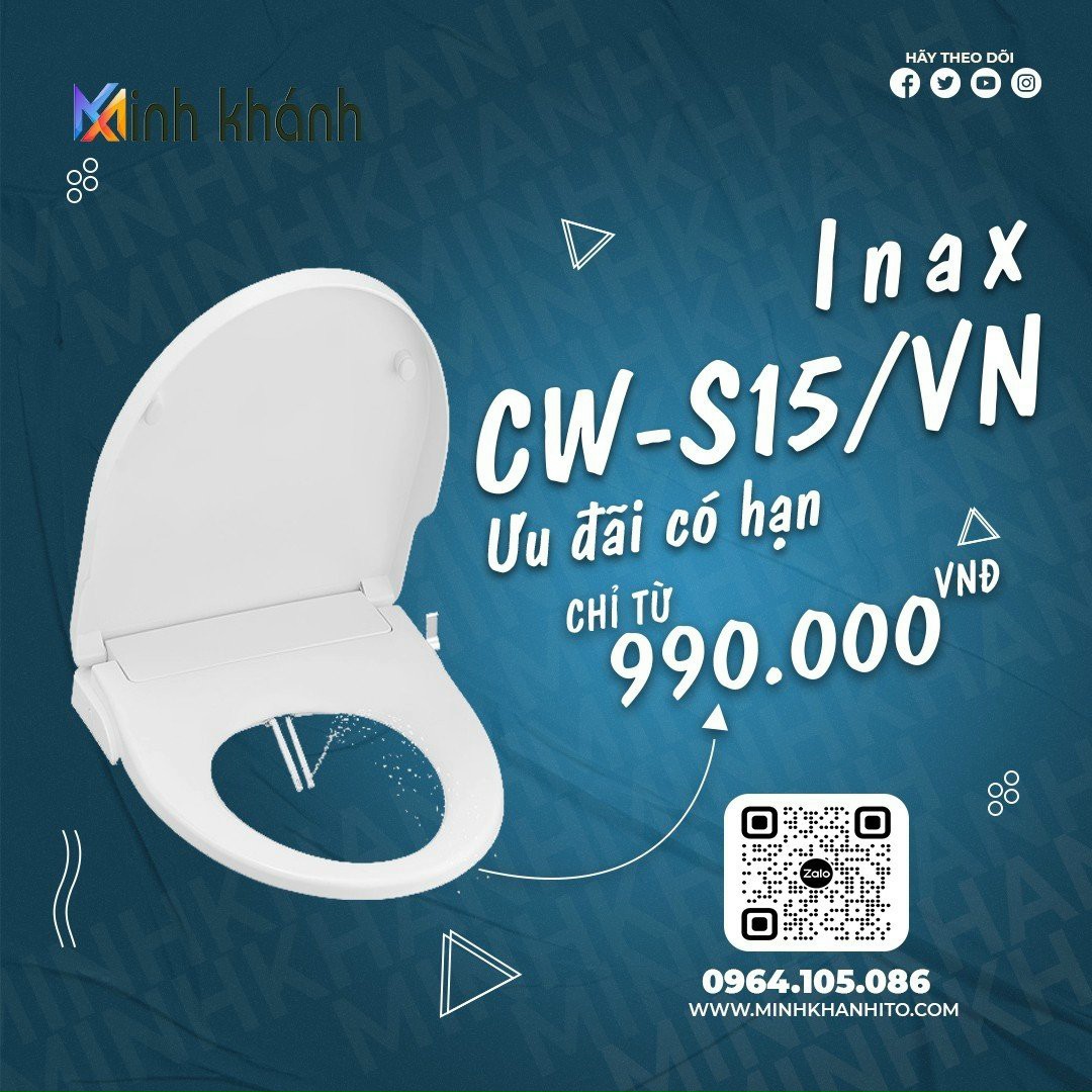 Nắp bồn cầu thông minh Inax CW-S15VN, nắp bồn cầu rửa cơ 2 vòi, không sử dụng điện, phù hợp với các bồn cầu