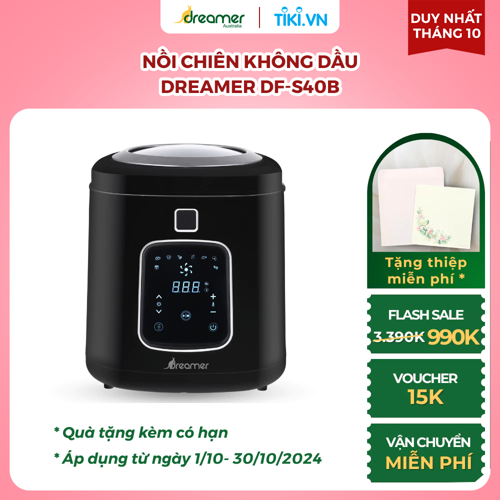 Nồi chiên không dầu Dreamer DF-S40B nắp kính trong suốt Smart View 8 chức năng 4 lít - Hàng Chính Hãng