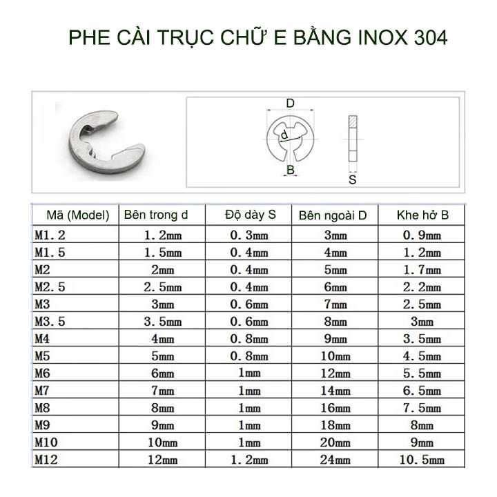 Bộ 10 phe gài trục chữ E bằng inox 304, có nhiều cỡ cho khách lựa chọn