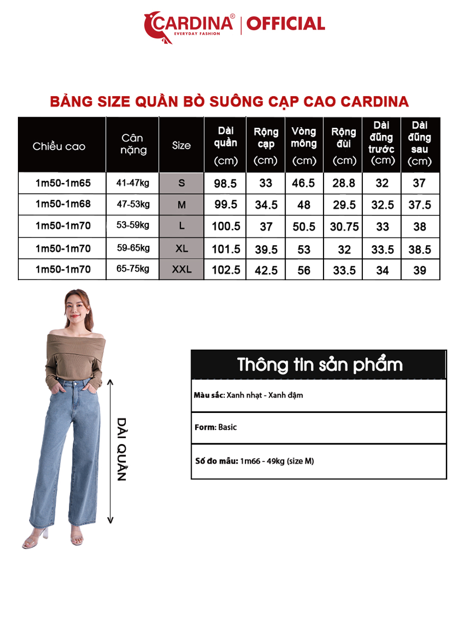 Quần Jeans Nữ CARDINA Cao Cấp Quần Bò Ống Rộng Cài Khuy Có Khóa Kéo 2Q14