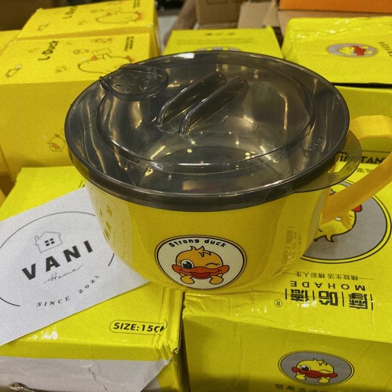 Bát ăn mì hình vịt vàng có tay cầm kèm nắp đậy có lổ thoát nước và ngăn đỡ điện thoại - Tô ăn mì , bát ăn dặm cách nhiệt
