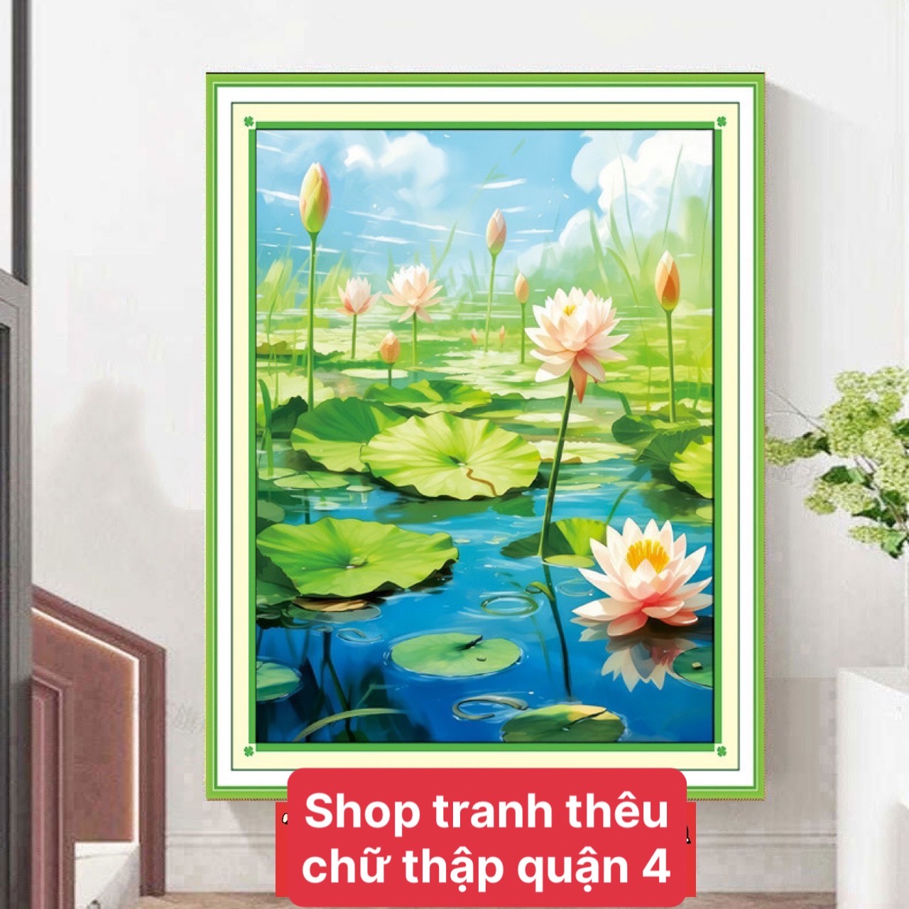 Tranh thêu kín chữ thập Hồ sen FJ0795, kích thước 50 x 60 cm