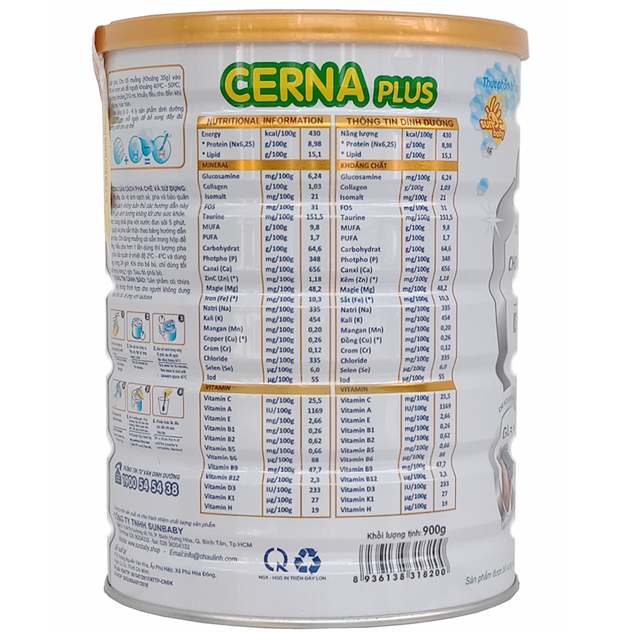 Sữa bột Cerna Plus cho người tiền đái tháo đường và đái tháo đường (900g) Sunbaby SBTC2019