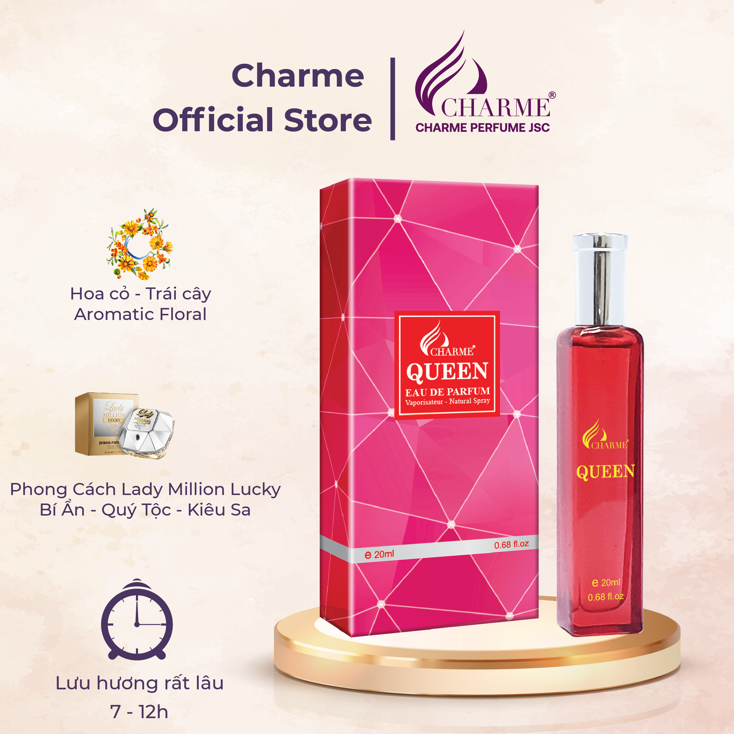 Nước hoa nữ sang trọng Charme Queen 20ml mùi hương nồng nhiệt tươi mát của hoa hồng và mật ong lưu hương lâu