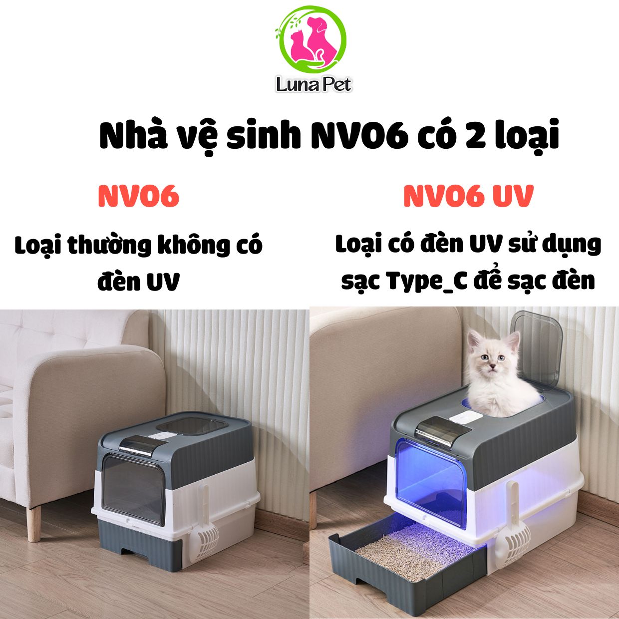 Nhà vệ sinh mèo cỡ lớn  Luna Pet NV06, nhà vệ sinh cho mèo 2 cửa có đèn khử khuẩn UV