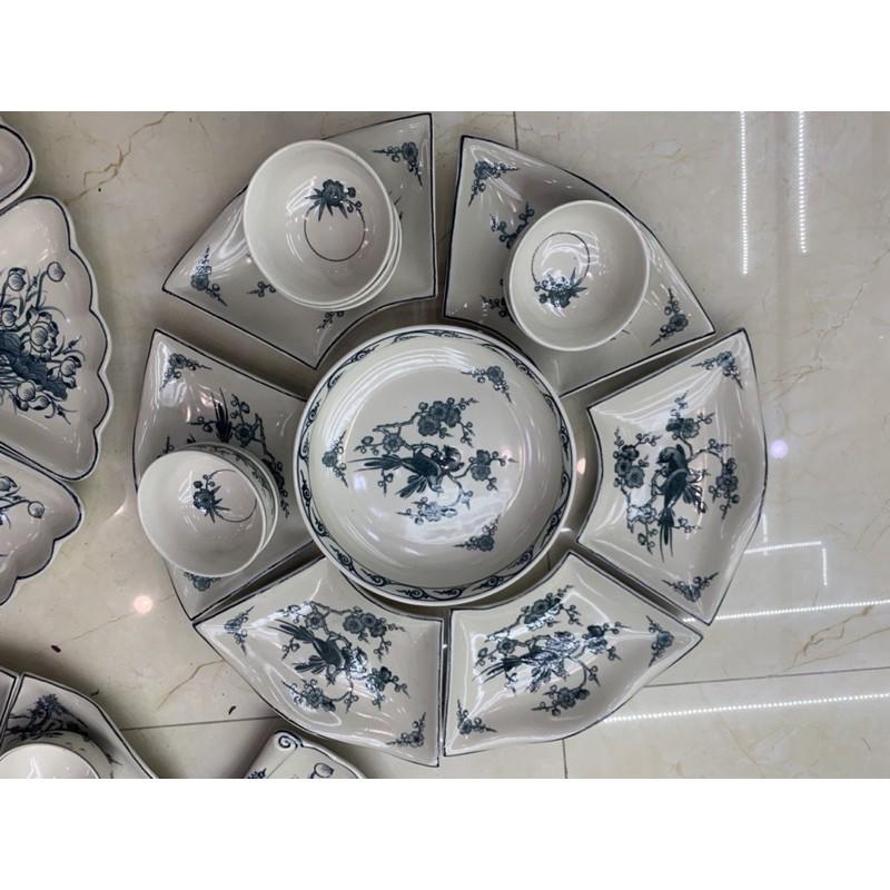 Bộ bát đĩa hoa mặt trời- cuốn thư, men rạn giả cổ. Gốm sứ Bát Tràng.