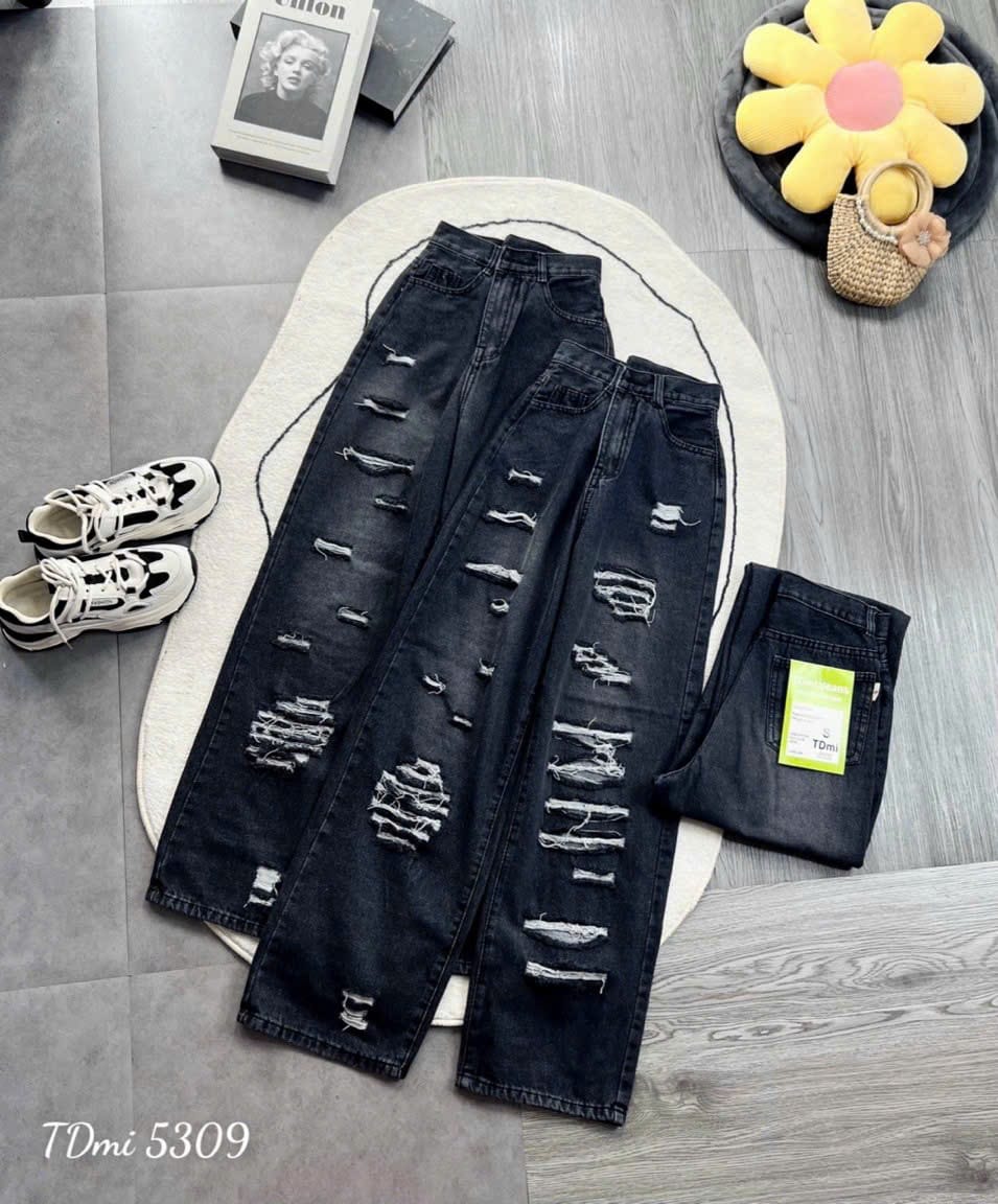 QUẦN BAGGY JEAN NỮ LƯNG CAO RÁCH KIỂU THỜI TRANG